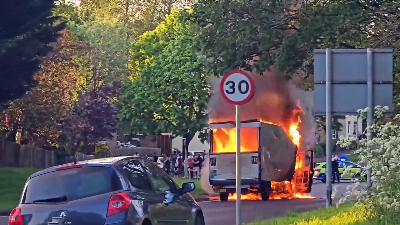 Dramatic footage shows van engulfed in flames in Northampton CREDIT: Matthew Fishlock