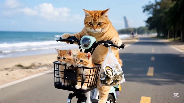 Cat forages for oysters by the sea comes home to cooked the grilled oysters.