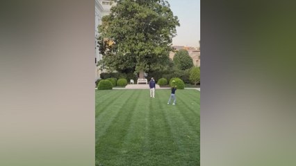 Trump’s grandson plays football with Saquon Barkley in White House Rose Garden