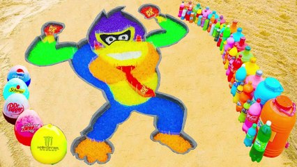 How to make Rainbow Donkey Kong with Orbeez, Balloons of Fanta, Coca Cola, Mentos & Popular Sodas