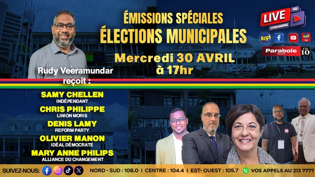 ÉMISSION SPÉCIALE sur TOP FM et TOP TV à l’occasion des ÉLECTIONS MUNICIPALES, ce mercredi 30, de 17h00 à 19h00.