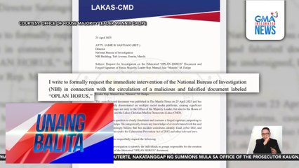 Lakas-CMD, pinaiimbestigahan sa NBI ang pagbuo at pagkalat ng anila'y pekeng dokumento na "Oplan Horus" | Unang Balita