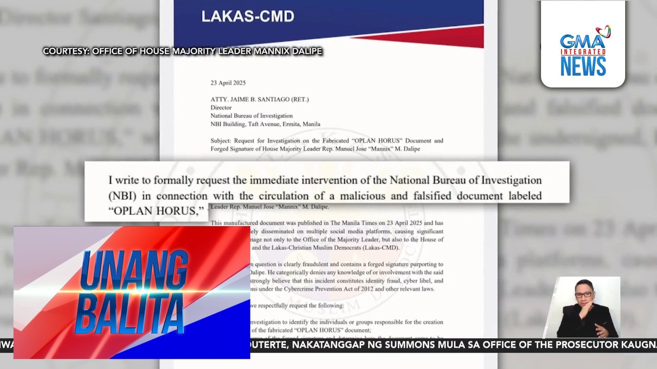 Lakas-CMD, pinaiimbestigahan sa NBI ang pagbuo at pagkalat ng anila'y pekeng dokumento na "Oplan Horus" | Unang Balita