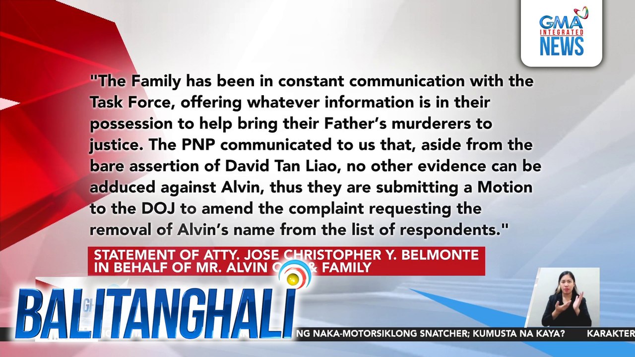 Statement of Atty. Jose Christopher Y. Belmonte in behalf of Mr. Alvin Que & Family | Balitanghali