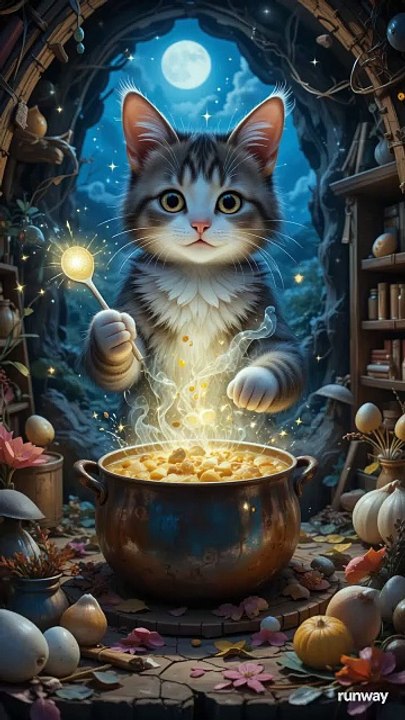 Gen-4 Turbo In an old attic, Mittens the tabby discovered a glowing cookbookEach page pulsed with magic collect singing onions, glowing mushrooms, cloud eggsShe tiptoed through moonlit fields and en