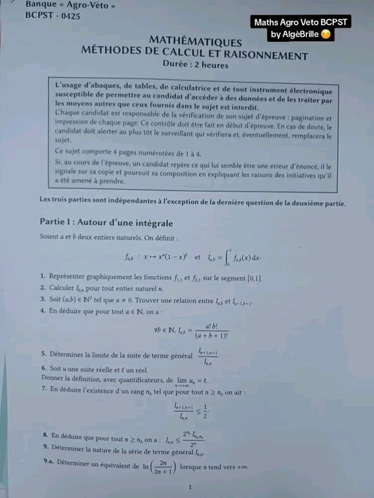 Sujet Banque Agro-Véto BCPSTSujet Maths Méthodes de calcul et raisonnement tombé le 29/04/25.#prepa #bcpst #agro #veto #concours #concoursprepa