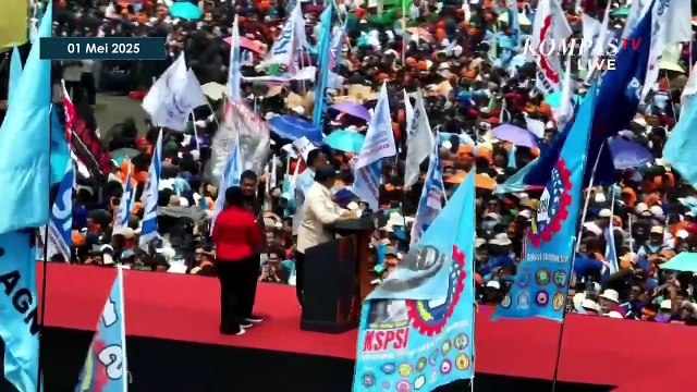 Kala Suara Serak Presiden Prabowo Minta Izin Minum Kopi ke Buruh saat Pidato di May Day 2025