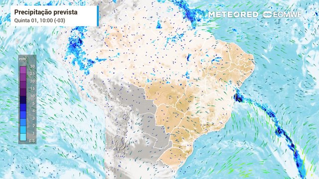 Quinta-feira, 01 de maio: Previsão de nebulosidade e precipitação para a América do Sul entre os dias 01e 03 de maio.