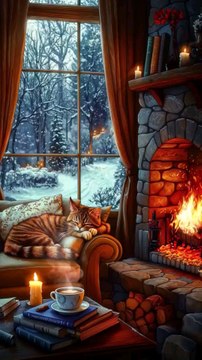 Winter Haven, Fireplace Glow, Sleeping Cat, Steamy Tea, Candlelight Ambience, and Snowy Forest View Through Wooden Windowpanes.#reel#reelinstagram#reelfacebook#fyp#foryou#luxurybedroomretreat#cozychic#bedroomoasis#peacefulretreat#follow
