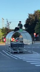 Man Accidentally Destroys Shopping Cart Shelter In Sudden Mishap