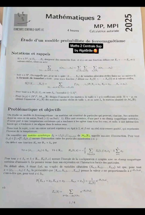 Sujet Entrale Supélec Maths 2 2025 MP MPISujet Maths 2 tombé le 02/05/25.#prepa #centrale #supelec #mp #mpi #mp2i #mpsi #concours #concoursprepa