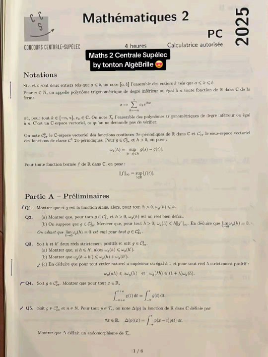 Sujet Centrale Supélec Maths 2 2025 PCSujet Maths 2 tombé le 02/05/25.#prepa #centrale #supelec #pc  #pcsi #concours #concoursprepa