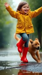 Joyful Rain Chase: Puppy Chasing Baby in Pure Happiness 🌧️🐶👶
