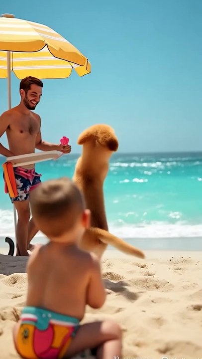 Beachside Bliss: Baby Shares Cookies with Playful Puppy 🏖️🐶🍪👶