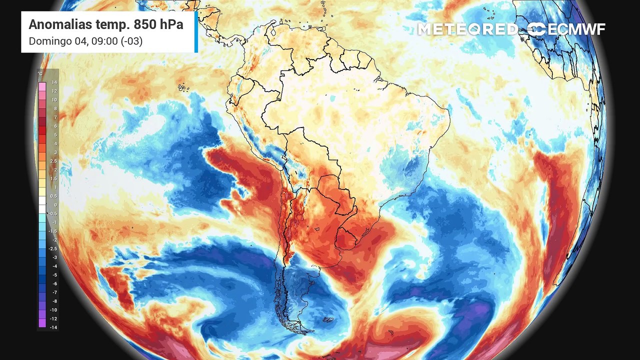 Domingo, 04 de maio: anomalia de temperatura em 850 hPa - massas de ar