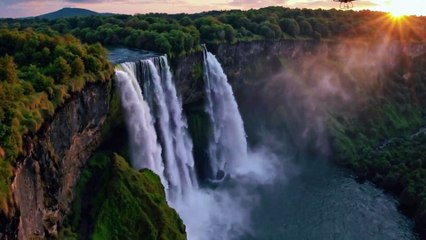 A breathtaking waterfall cascades dramatically dow