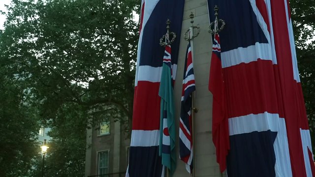 Cenotaph draped in Union Flag for VE Day