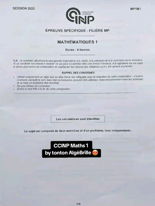 Sujet CCINP Maths 2 2025 MP MPISujet Mathématiques 1 tombé le 05/05/25.#prepa #ccinp #ccp #mp #mpi  #concours #concoursprepa