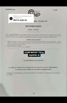 Sujet CCINP Maths 1 2025 TSISujet Mathématiques 1 tombé le 05/05/25.#prepa #ccinp #ccp #ptsi #tsi #concours #concoursprepa