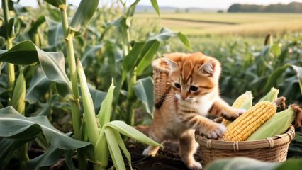 Kitten’s Devoted Aid: Harvesting Corn with Mama Cat for a Warm Cornbread Reward