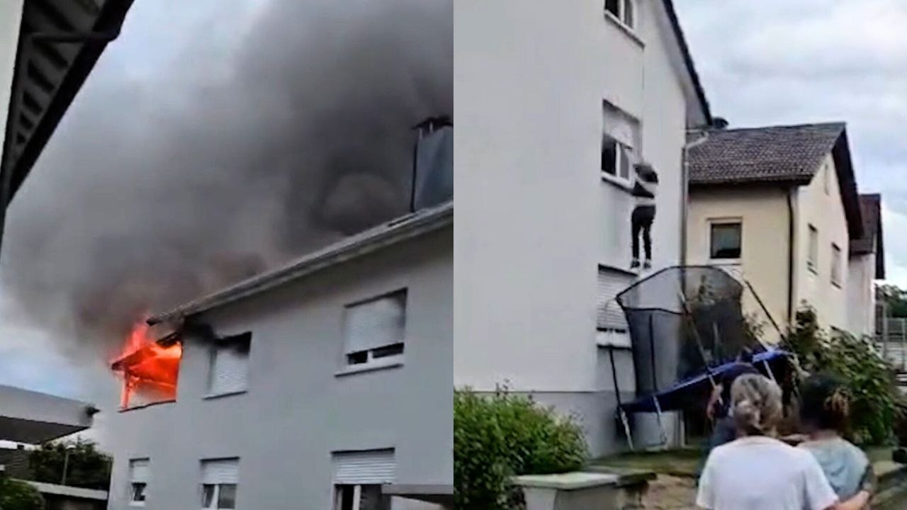 Dramatischer Moment: Mann entkommt brennendem Gebäude – durch Sprung auf Trampolin