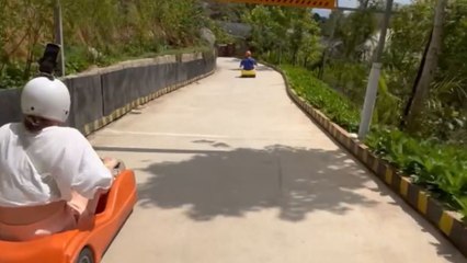 Mario karting gone wrong: Girl fails to steer at a sharp turn