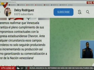 Vpdta. Rodríguez: Venezuela reafirma cumplimiento de sus compromisos contractuales con Chevron