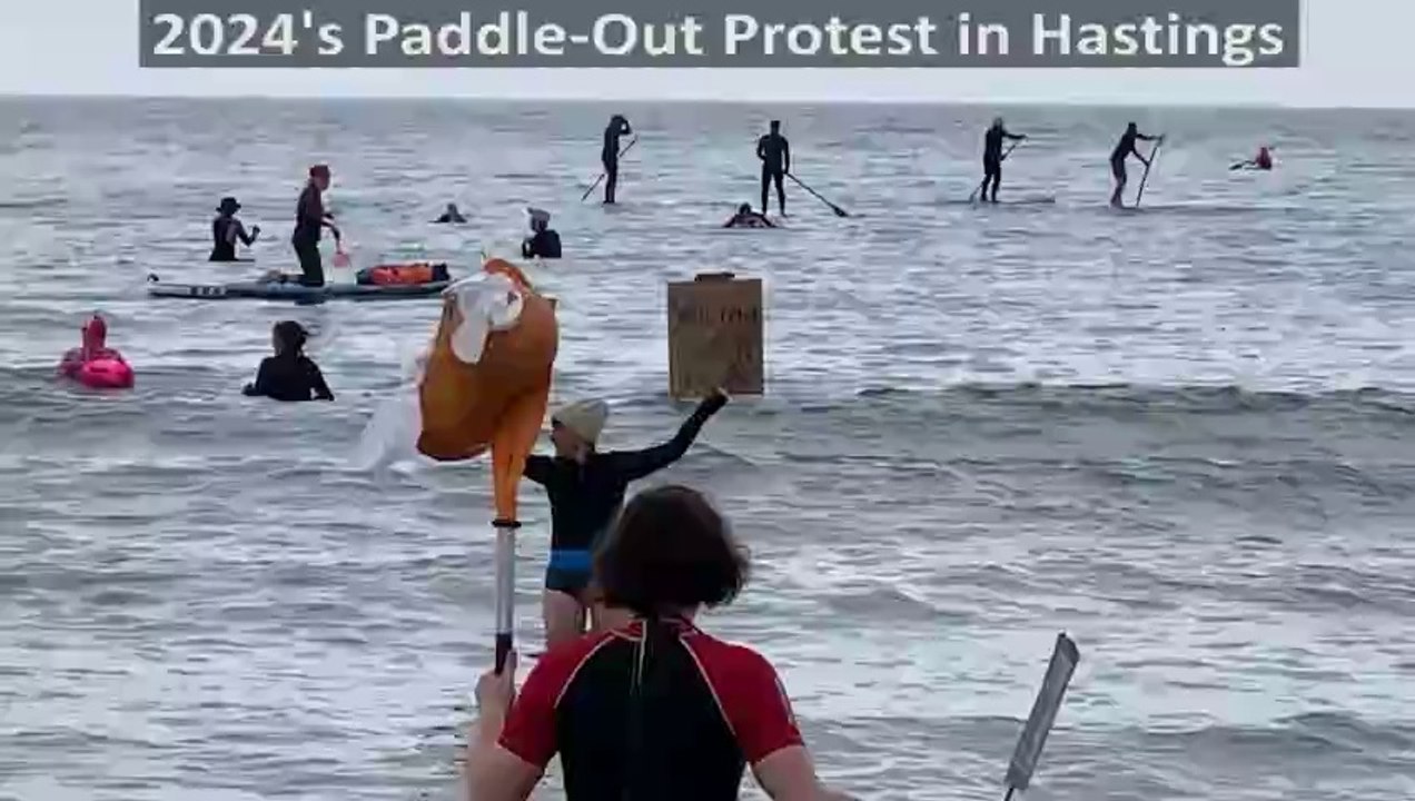 Surfers Against Sewage Paddle-Out Protest 2024 in Hastings, East Sussex