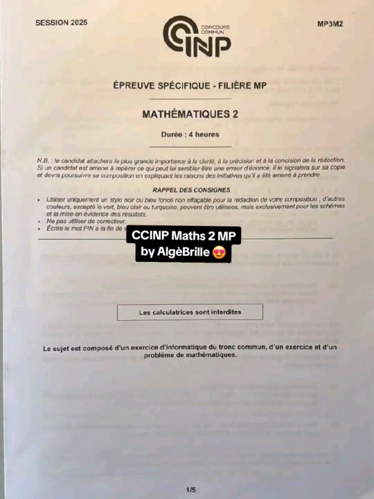Sujet CCINP Maths 2 2025 MPSujet Mathématiques 2 tombé le 06/05/25.#prepa #ccinp #ccp #mp #mpi  #concours #concoursprepa