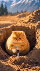 cat hunting wild boar by digging hole