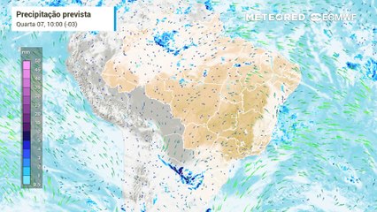 Quarta-feira, 07 de abril: Previsão de chuva e nebulosidade sobre o Brasil.