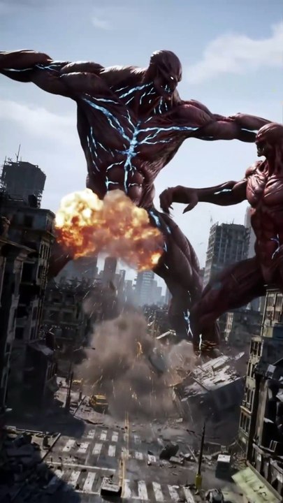 Colossal Titans Clash: Epic Fantasy Battle in a Ruined City