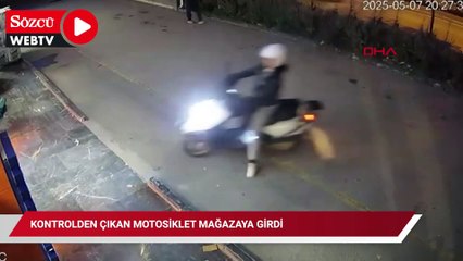 Kontrolden çıkan motosiklet mağazaya girdi, o anlar kamerada