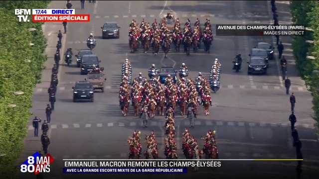 8-Mai: Emmanuel Macron remonte les Champs-Élysées avec la grande escorte mixte de la Garde républicaine