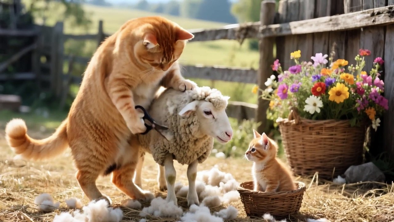 Mama_Cat_Shears_Wool_on_the_Farm,_Makes_Tiger_Hat_for_Kittens_at_Home_🐾🧶🎩(1080p)