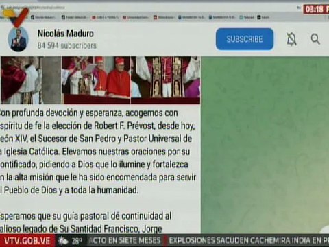Pdte. Nicolás Maduro manifestó devoción y buenos deseos al nuevo soberano pontífice, León XIV