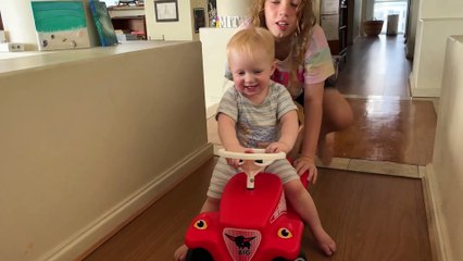 Big Sister Pushes Spencer on His Red Big Bobby Car!