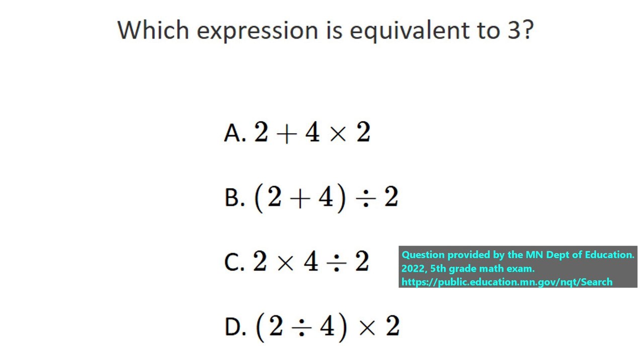 State exam math question on Order of Operations (#3). 5th Grade Math.
