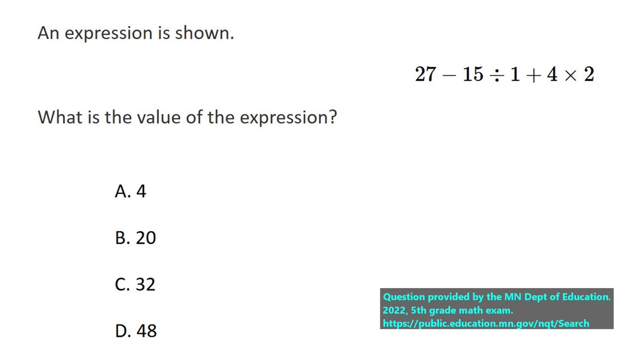 State exam math question on Order of Operations (#5). 5th Grade Math.