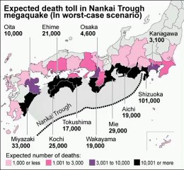 Expected dead toll in Nankai Trough megaquake (in worst-case scenario). Expected number of Deaths. Jumlah korban tewas akibat gempa besar Palung Nankai (dalam skenario terburuk). Jumlah Korban Meninggal yang Diperkirakan. Tokushima, Shizuoka, Aichi,Mie