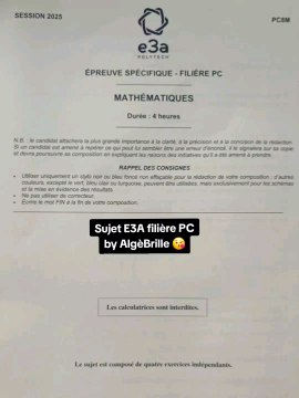 Sujet Mathématiques E3A filière PC tombé le 09/05/25.#e3a #polytech #concoursprepa #pc #pcsi