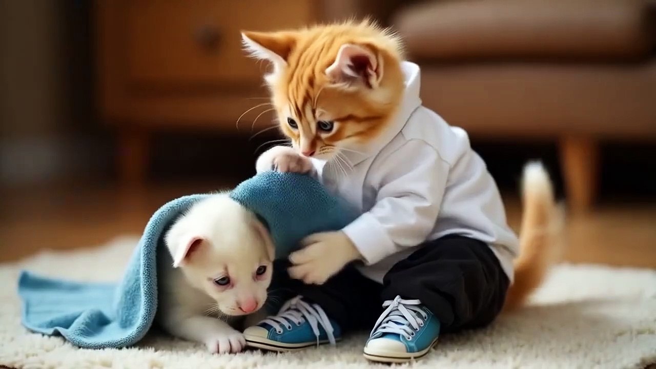 Tiny_Ginger_Cat_Rescues_a_Baby_Dog,_Brings_it_Home,_Cook_Delicious_Food___#cat_#cute_#funny