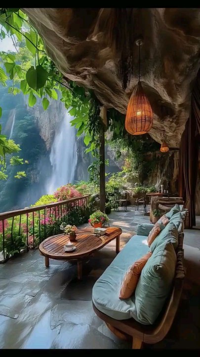 Rocky Haven, Secluded Patio Overlooking a Breathtaking Waterfall, Surrounded by Lush Verdure and Soothing Natural Ambiance Peacefully.#reel#reelinstagram#interiordesigni#homedetails#luxuryliving#cozychic#bedroomoasis#peacefulretreat#follow