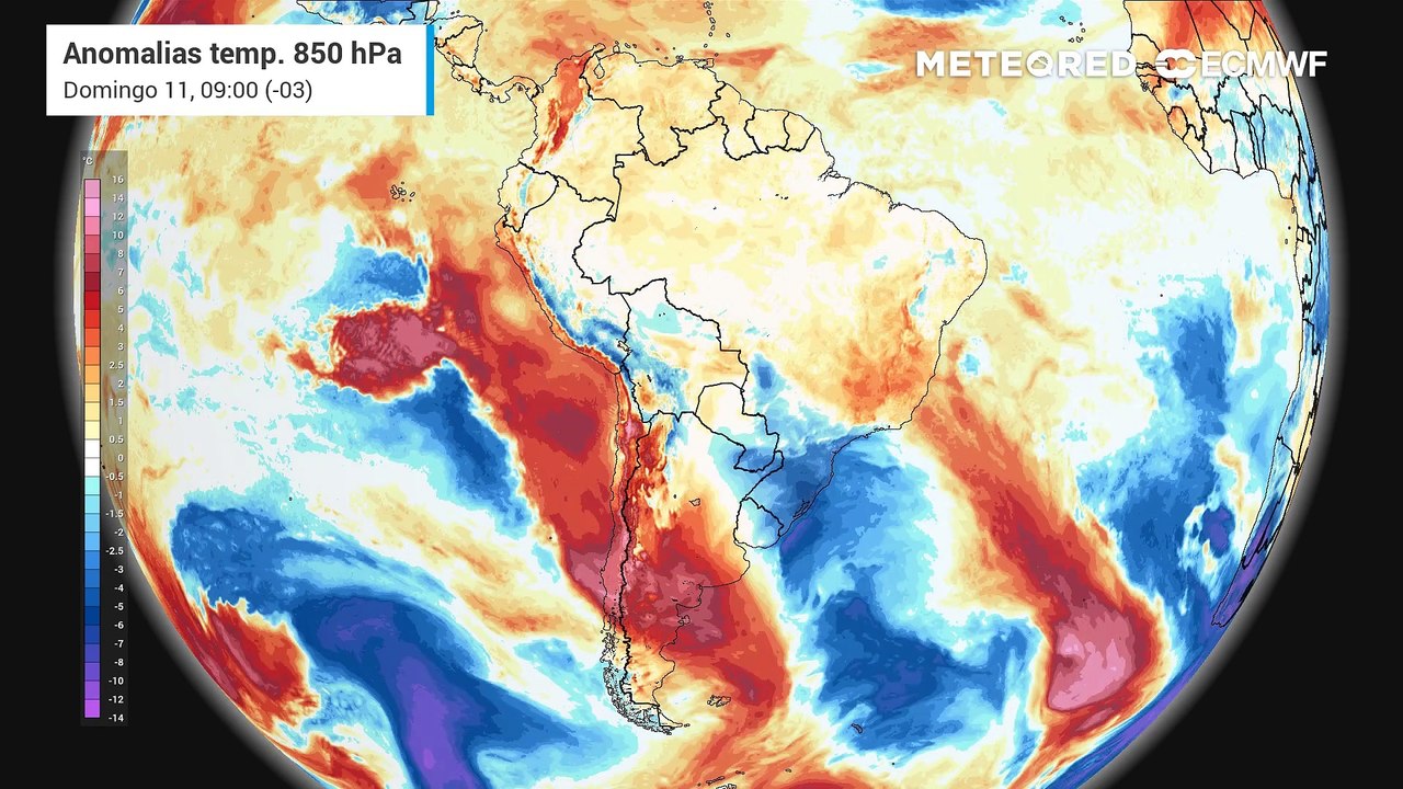 Domingo, 11 de maio: anomalia de temperatura em 850 hPa (massas de ar)