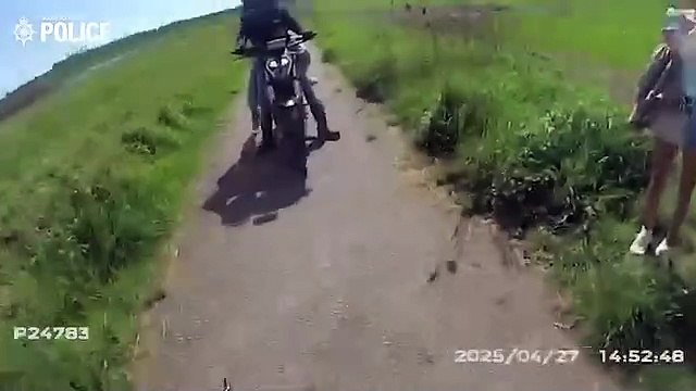 Moment Doncaster officer apprehends aggressive off-road biker and seizes suspected stolen motorbike