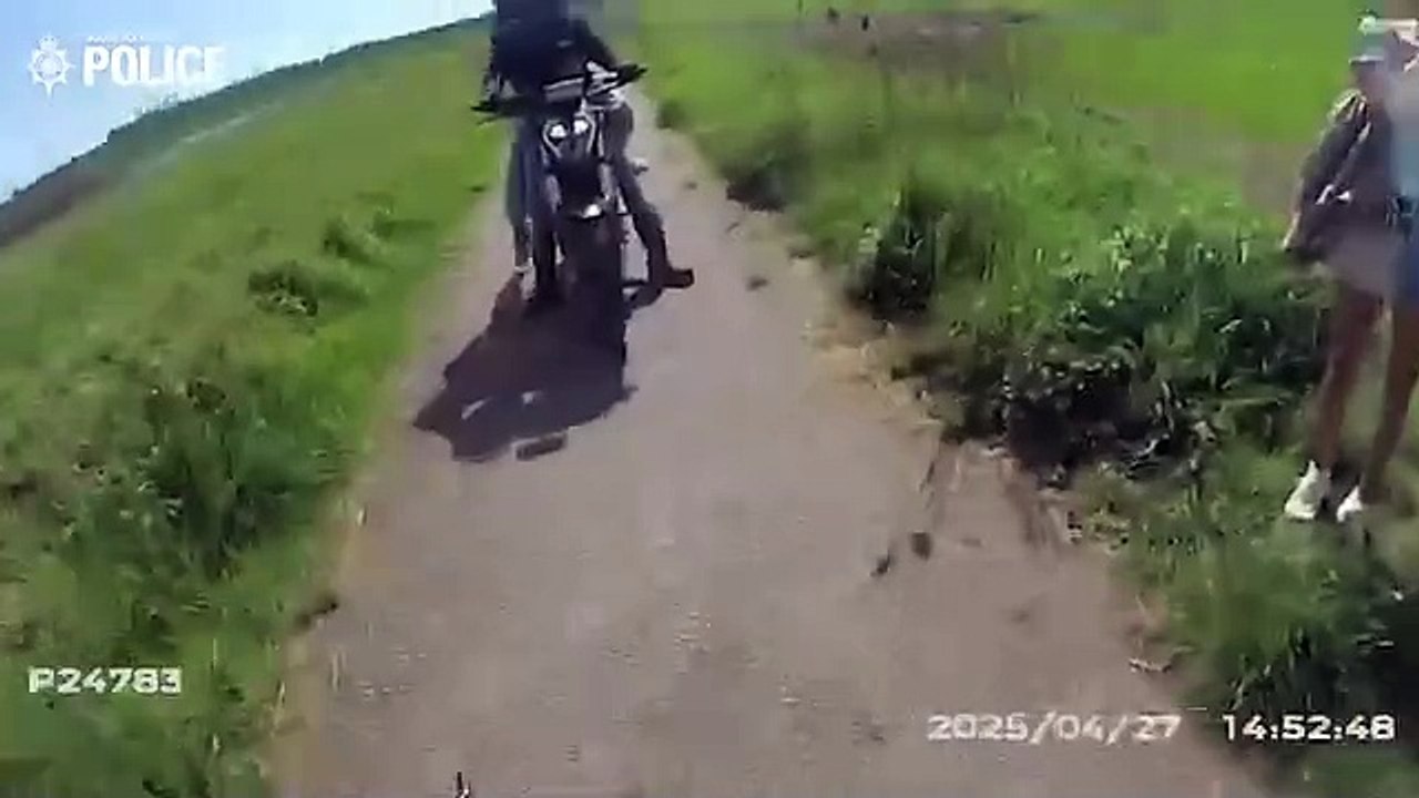 Moment Doncaster officer apprehends aggressive off-road biker and seizes suspected stolen motorbike