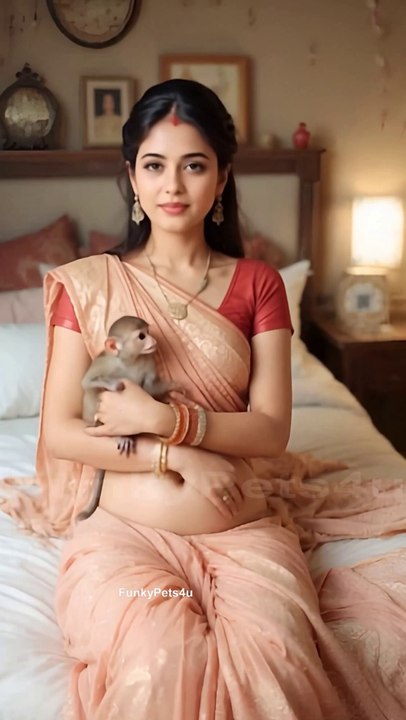 Beautiful indian lady playing with her cute baby monkey - FunkyPets4u