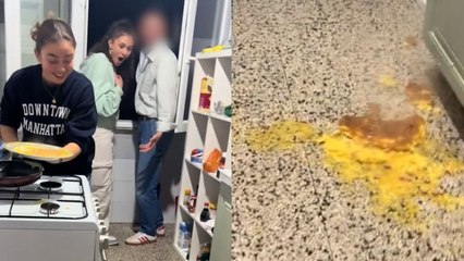 Funny moment woman chucks omelette on the floor while attempted to flip it