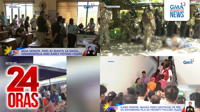 24 Oras: (Part 3) Dating VP Robredo, oras din ang hinintay bago makaboto; 4 na botante na nagkainitan sa pila kaya nagsuntukan, arestado; ilang botante, sumama ang pakiramdam sa init, atbp.