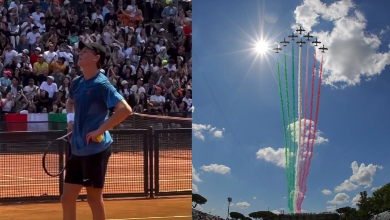 Tennis - Rome 2025 - Le passage de la patrouille italienne, les Frecce Tricolori, au dessus du tournoi de Rome